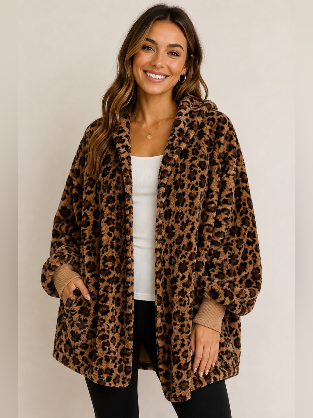 Leopard Print Teddy Jacket - Brown Faux Fur Hooded Coat